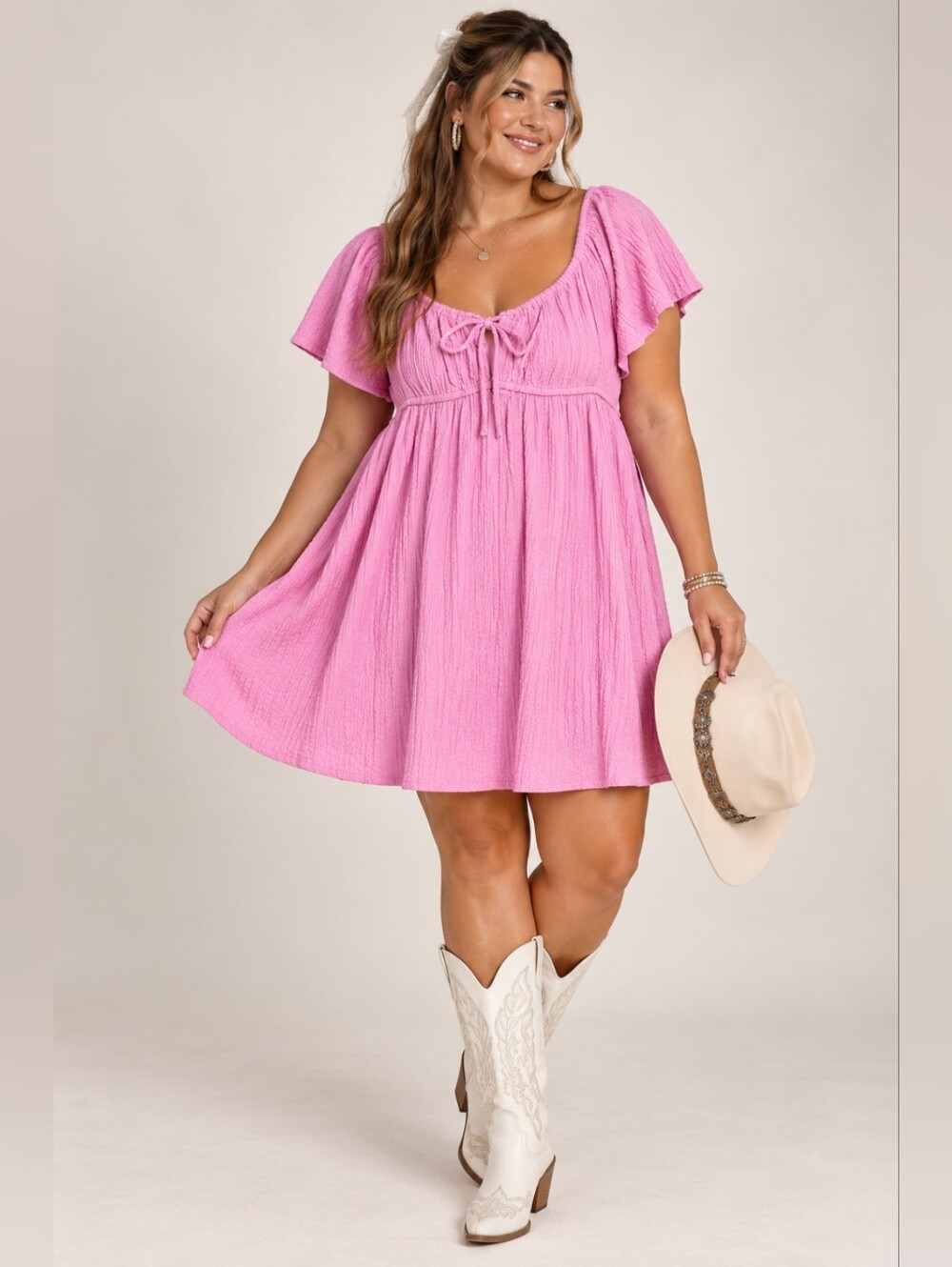 Ladies Crinkle Cutesie Babydoll Mini Dress, Pink, Romantic Western Casual